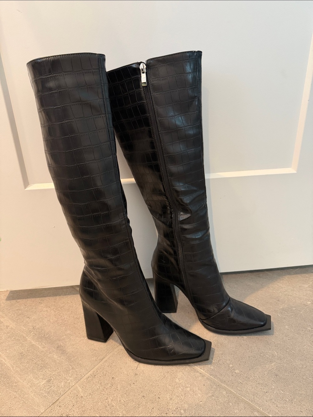 PrettyLittleThing Black Croc Knee-High Boots US 9